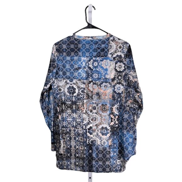 Soft Surroundings Women's Shirt Button Up Blue Brown Geometric Blouse Top Size L - Picture 2 of 9